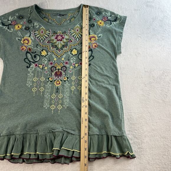 Soft Surroundings Small S Top Green Floral Embroidered Blouse Scoop Neck Boho - Picture 7 of 10